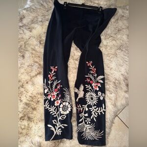 JW Los Angeles Embroidered Floral Nature Bird Elastic Black Women's Pants 2xl